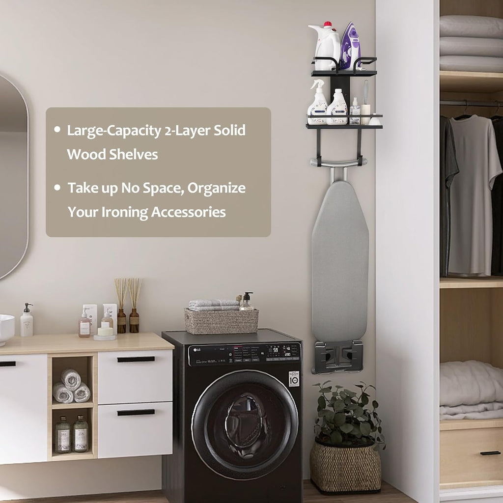 VINAEMO Ironing Board Hanger Wall Mount, 2-Layer Iron and Ironing Board Holder, Laundry Room Shelves Solid Wood with Removable Hooks Home Organization and Storage