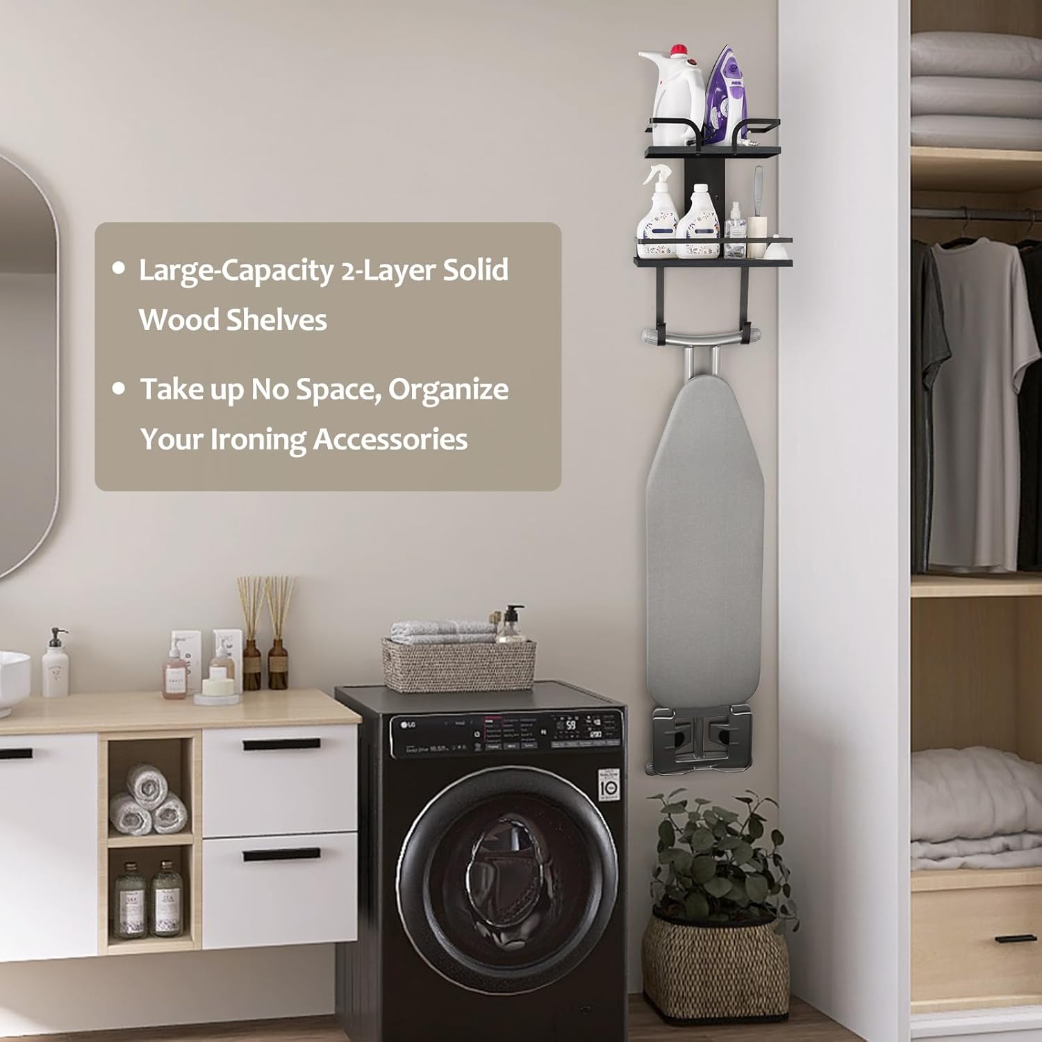 VINAEMO Ironing Board Hanger Wall Mount, 2-Layer Iron and Ironing Board Holder, Laundry Room Shelves Solid Wood with Removable Hooks Home Organization and Storage
