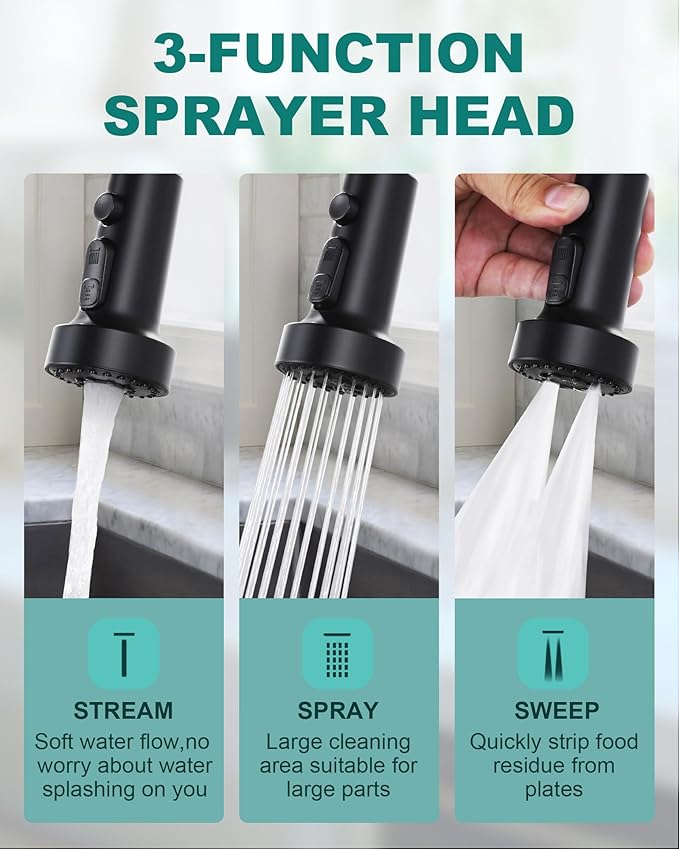 Black Kitchen Faucet with Soap Dispenser: 3-Function Kitchen Faucet with Pull Down Sprayer - Stainless Steel Single Handle Sink Faucet with Deck Plate for Farmhouse Laundry