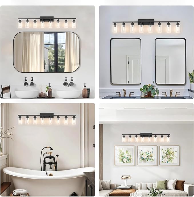 8 Light Black Bathroom Vanity Light Fixture, Long Farmhouse Vanity Lights Over Mirror,Modern Large Bathroom Lighting Wall Light with Clear Glass Globe for Mirror,Living Room,Bedroom
