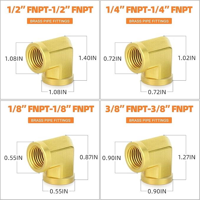 Gasher 8PCS Brass Pipe Fitting Female Elbow 1/8 Inch NPT x 1/4 Inch NPT x 3/8 Inch NPT x 1/2 Inch NPT