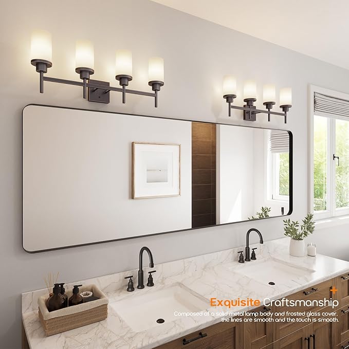Bathroom Light Fixtures 4-Light Bathrom Vanity Lightings with White Frosted Glass Shade, Oil Rubbed Bronze Wall Lamps Over Mirror T001ORB-L4