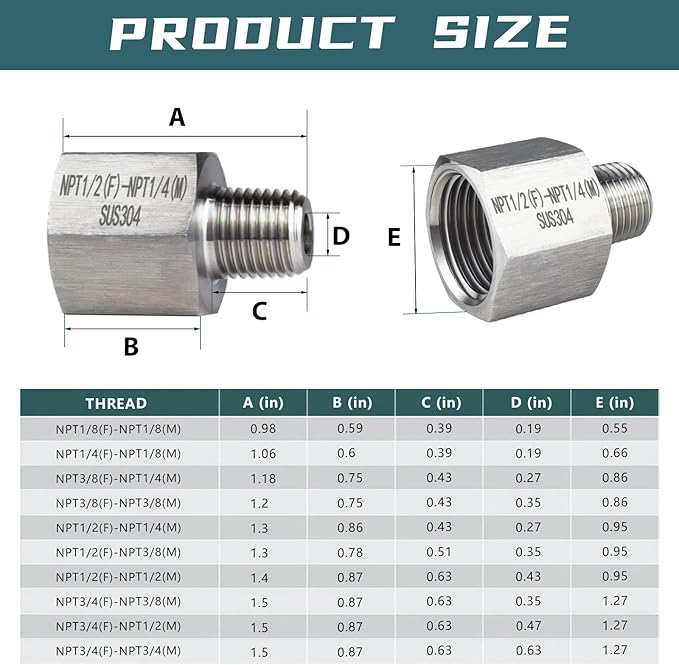2 pieces，Npt1/2 Female to Npt1/4 Male Thread Adapter, Water line adapter，Fabricate of 304 Stainless Steel