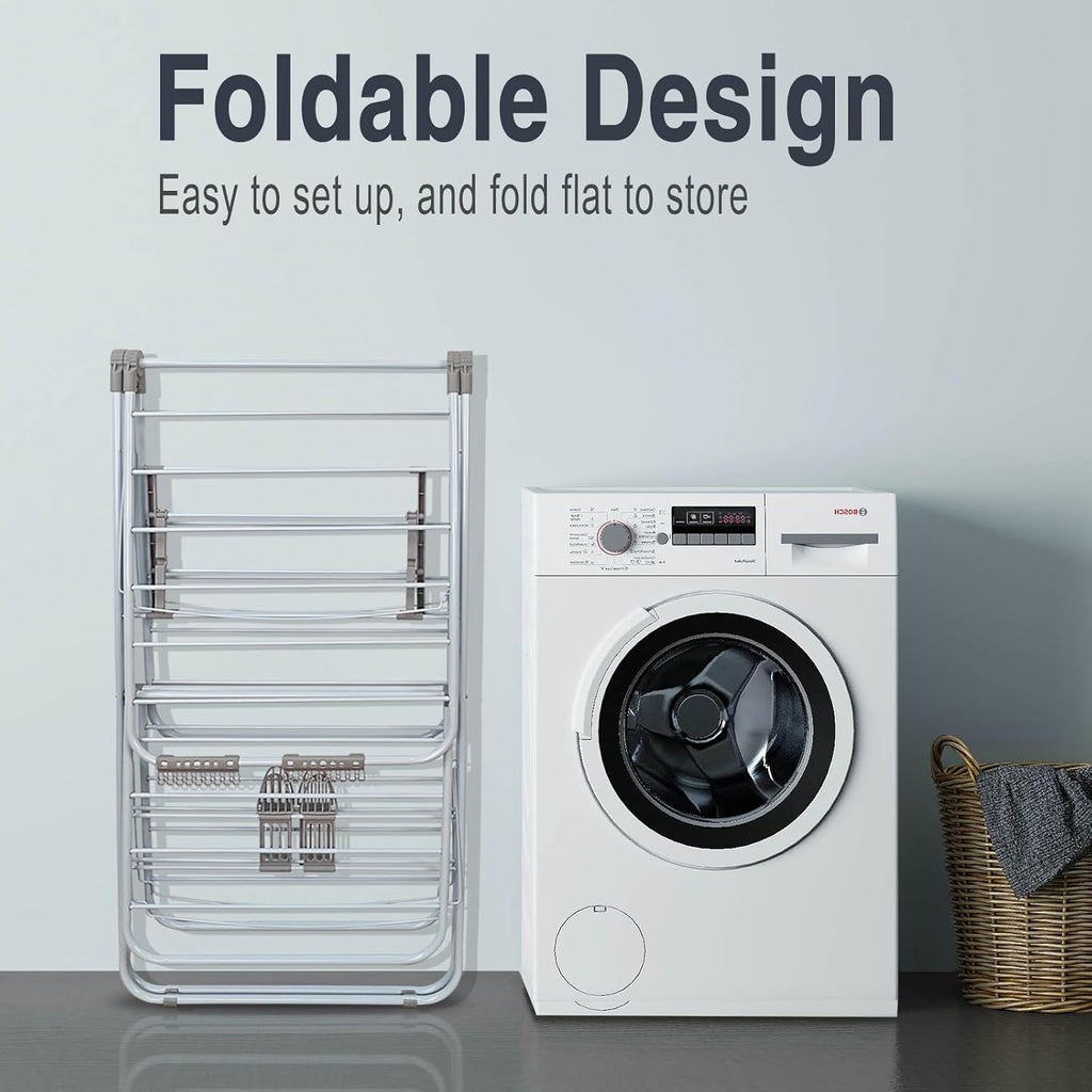 Large Capacity Double Drying Rack, Folding Rustproof Drying Rack with Non-Slip Clips and Drainage Shoe Rack, Height Adjustable, Airy and Quick Drying, Suitable for Balcony and Outdoor Use