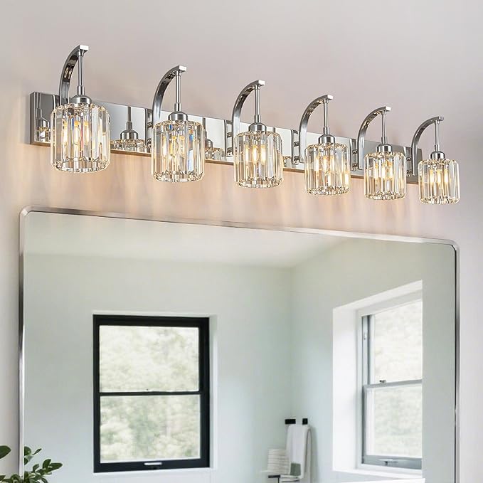 6-Light Crystal Vanity Light, Chrome Modern Wall Sconce with K9 Crystal Shades, 51.18" Long Over Mirror Lighting for Bathroom, Makeup, Hallway, Elegant & Easy Install