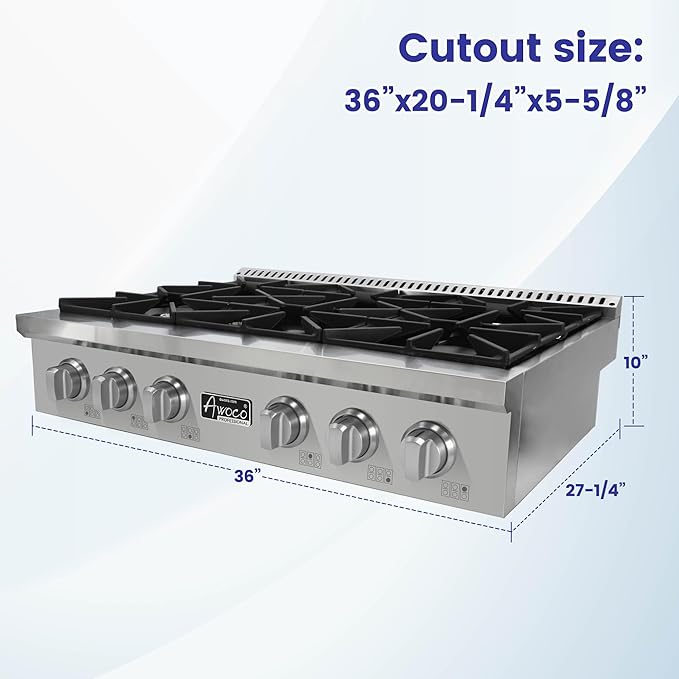 Awoco 36” Professional Stainless Steel Gas Cooktop, LPG/NG Convertible Gas Rangetop with 6 Sealed Burners, Stove top with cast iron grates Made in Italy & ETL Certified