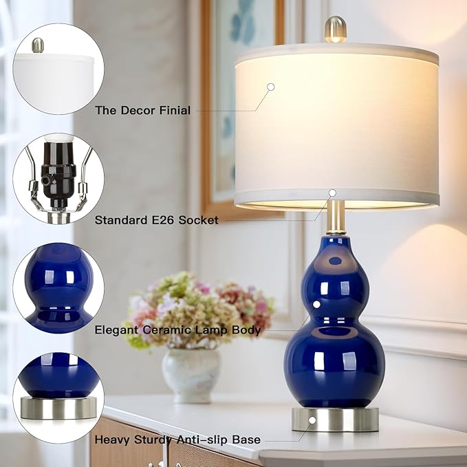 22" Double Gourd Ceramic Table Lamps Set of 2, Navy Blue Modern Bedside Lamps for Living Room, Contemporary Nightstand Desk Lamps for Bedroom End Table Home Office Decor(2 LED Bulbs Included)