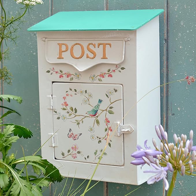 Mailbox Wall Mount Mailboxes for Outside Vintage Mail Boxes for House Outside Metal Drop Box Antique Style Nostalgic Charm Home Decorative, Flower Pattern, White