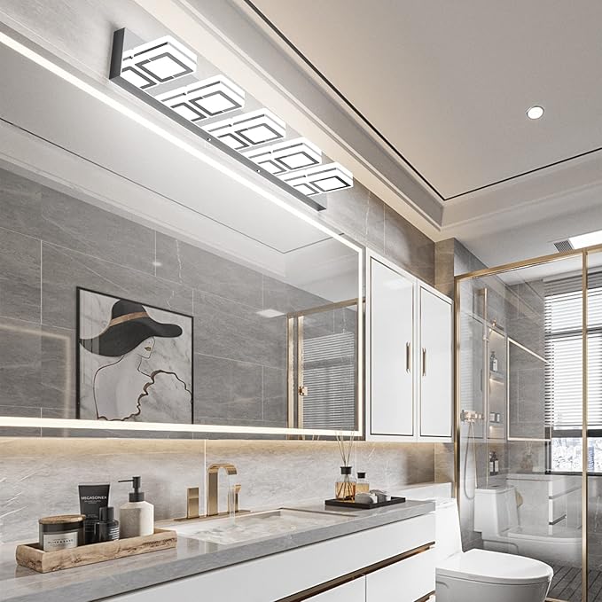 Ralbay 5 Light Modern LED Vanity Light Chrome Bathroom Light Fixtures Acrylic Up and Down Bathroom Wall Mounted Lighting Over Mirror