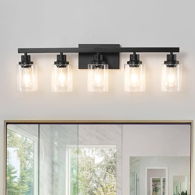 5-Light Black Bathroom Vanity Light, Modern Vanity Lighting Fixture for Bathroom, 31" Matte Light Fixture, Wall Sconces with Clear Glass Shade, Black Bathroom Wall Light Over Mirror