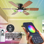 52inch Brown Ceiling Fans with Lights and Remote/App Control, Low Profile Ceiling Fan with Light and 6 Double-Side blades, Flush Mount, LED/RGB Dimmable DC Reversible Modern Ceiling Fan for Bedroom