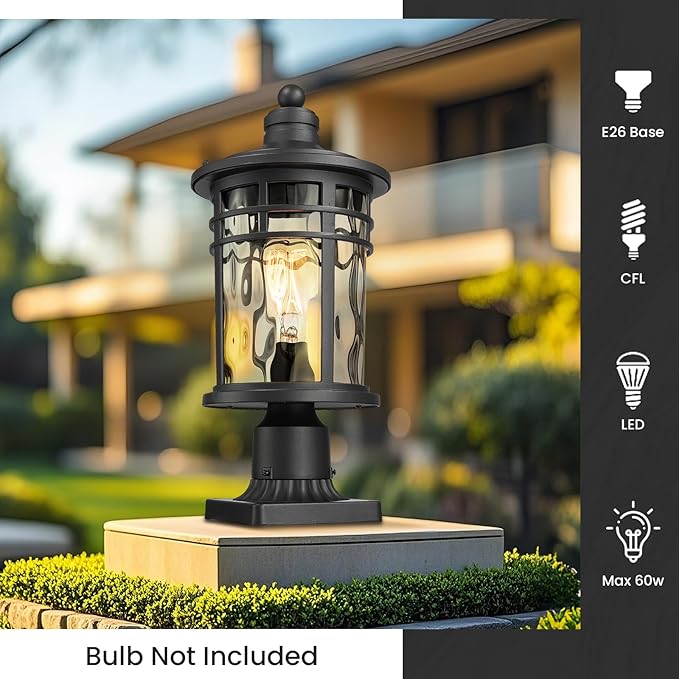 Outdoor Post Light Hardwired Waterproof Aluminum Pole Light Fixture with Water Ripple Glass Exterior Lamp Post Lantern for Garden Yard Patio Pathway 14.6 Inch E26 Socket