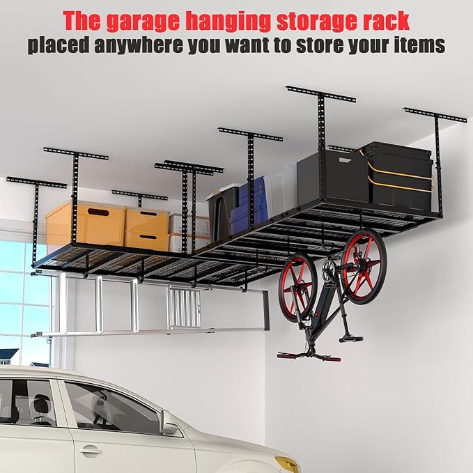 3x8 Overhead Garage Storage Rack Adjustable Garage Ceiling Storage Racks, Holds 600 lbs, 22 lbs Per Hook, Heavy Duty Steel Hanging Organizer for Tools, Bins & Bikes