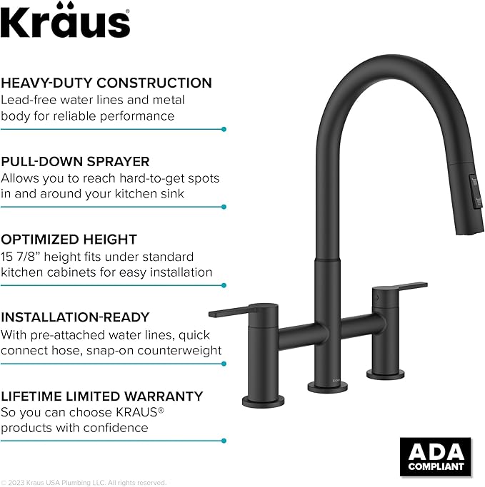 KRAUS Oletto Bridge Kitchen Faucet with Pull-Down Sprayhead in Matte Black, KPF-3122MB