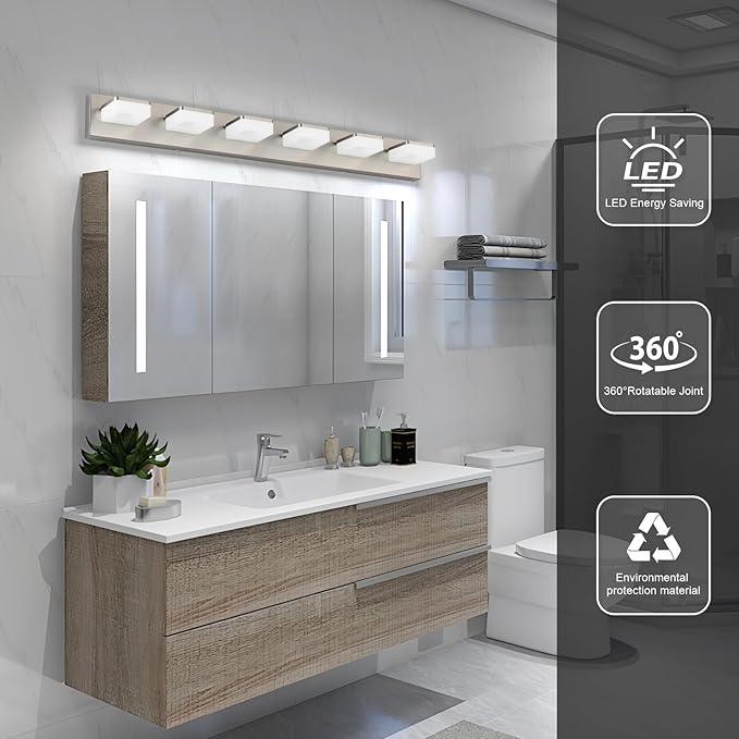 Brushed Nickel Vanity Lights for Bathroom 6-Light Vanity Lighting Fixtures for Mirror 39" Adjustable 5500K Modern LED Vanity Light Over Mirror, Bath Wall Lighting Fixtures