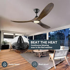 60 Inch Ceiling Fans with Lights, Outdoor Ceiling Fans for Patios with Light Damp Rated, 3 Blades Wood DC Ceiling Fan Modern Large Airflow Commercial Ceiling Fan with Remote & APP for Exterior Indoor