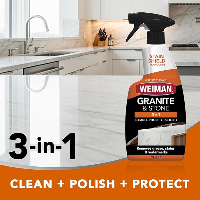 Weiman Granite Cleaner Polish and Protect, Streak Free, pH Neutral Formula for Daily Use on Interior & Exterior Natural Stone with Microfiber Towel, 3 in 1-2 Pack