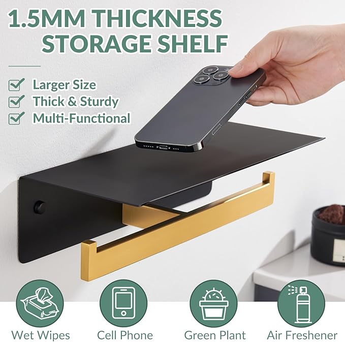 APLusee Double Toilet Paper Holder with Phone Shelf, 304 Stainless Steel Bathroom Tissue Hanger, Wall Mounted Dual Roll Paper Dispenser, Black & Gold