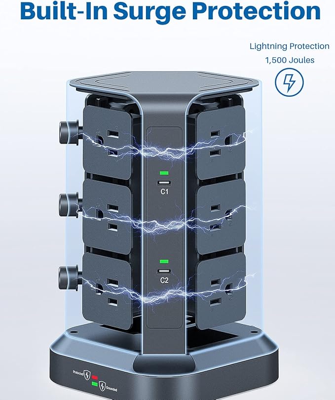 KOOSLA [65W] PD Power Strip Tower Surge Protector, USB C Desktop Charging Station with 12 Widely Spaced AC Outlets / 2 USB-C / 3 USB-A Ports, 6.5ft Heavy-Duty Extension Cord for Home Office Dorm…