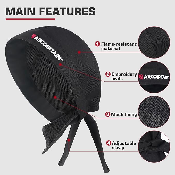 ARCCAPTAIN 2 Pcs Welding Cap, Welding Doo Rag, Protective Welders Cap, Welding Hat for Men and Women, Fireproof Cotton and Durable for Safety, L Size