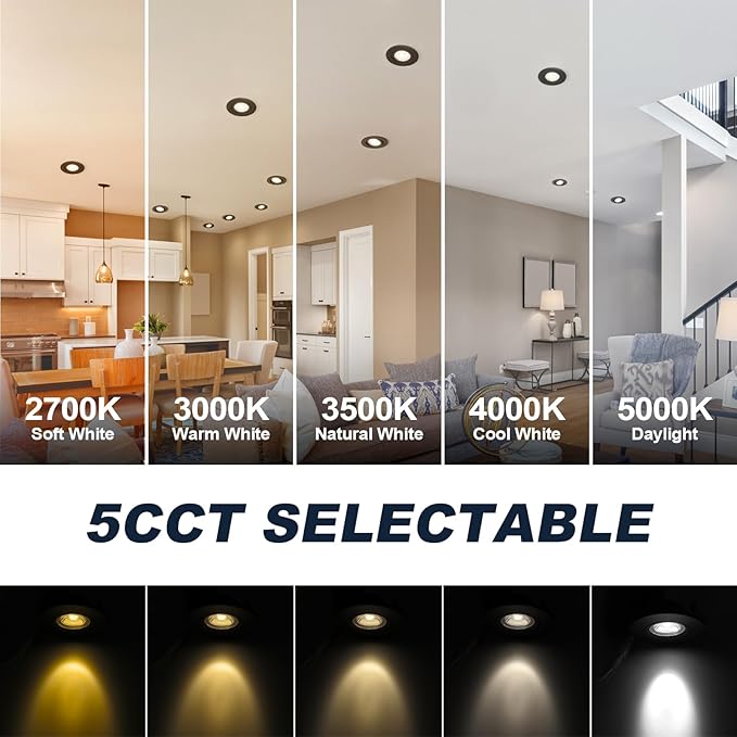 6 Pack Black 4-inch 5 CCT Gimbal LED Recessed/Downlight Color Selectable 2700K/3000K/3500K/4000K/5000K 800Lm 9W 120V Dimness Adjustable LED Lights