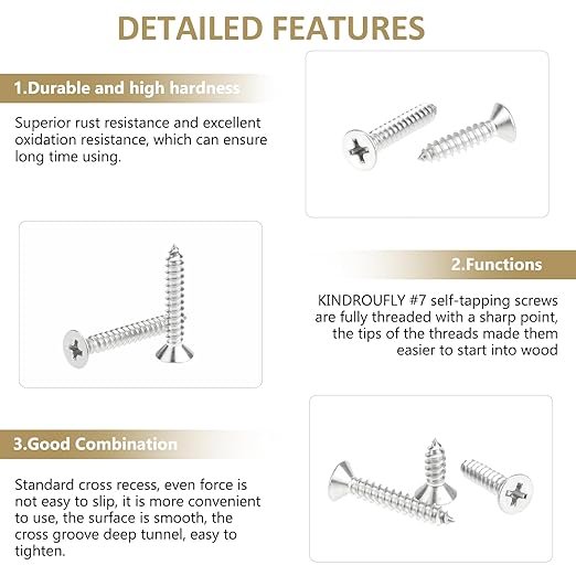 162 Pieces #7 x 1/2" 5/8" 3/4" 1" 1-1/4" Phillips Countersunk Head Self-Tapping Screws, Wood Screws Assortment Kit, 304 Stainless Steel
