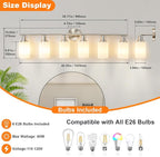 DLLT 6-Light Bathroom Light Fixtures: Nickel Modern Vanity Lights with E26 Bulbs - Milky White Glass Shade Bathroom Wall Lamp for Mirror Kitchen Living Room Hallway Cabinet Porch