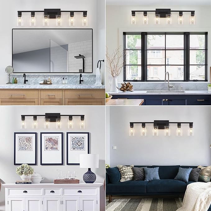 Black Bathroom Light Fixtures, 6-Light Bathroom Lighting Fixtures Over Mirror with Clear Glass Shade, Matte Black Vanity Lights, 6 Light Count Large Vanity Light Fixture for Bath, Mirror,Wall Sconce