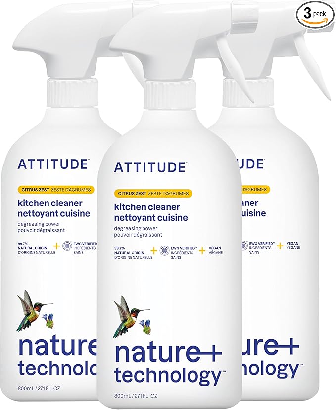 ATTITUDE Kitchen Cleaner Spray, EWG Verified, Powerful Degreaser, Cuts Grease & Grime, Plant-Based & Vegan, Citrus Zest Scent, 27.1 Fl Oz (Pack of 3)
