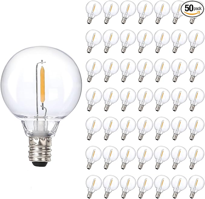50pack G40 LED Replacement Light Bulbs 120V 0.6W E12 Screw Base Shatterproof Globe Bulbs for Outdoor String Lights Dimmable Edison Light Bulbs for Patio Decor, 2700K Warm White
