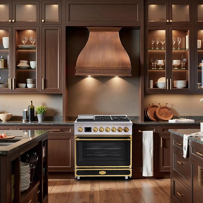 Akicon 36" Freestanding Gas Cooktop Oven Combo, Features 6 Sealed Burners, 5.2 Cu.ft Rapid Convection Oven, Convertible Fuel (NG/LP), Durable Cast Iron Grating (MBGBGGA1)