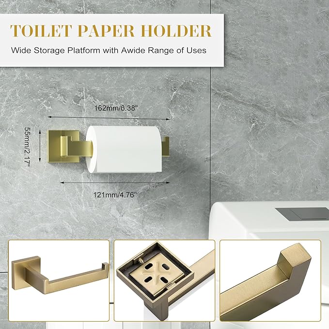 Bathroom Accessory Towel Bar Set: 10 Pieces Gold Bathroom Hardware Square SUS304 Stainless Steel - Wall Mounted Towel Rack&Toilet Paper Holder&Towel Ring and Towel Hook