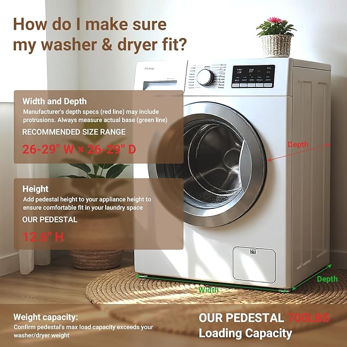 SKM 2-in-1 Washer & Dryer Pedestal Stand, 29" Universal Laundry Raiser for 4.8-5.3 cu. ft. Machines | Heavy-Duty Steel, 700LB Capacity | 12.6" Ergonomic Height, White