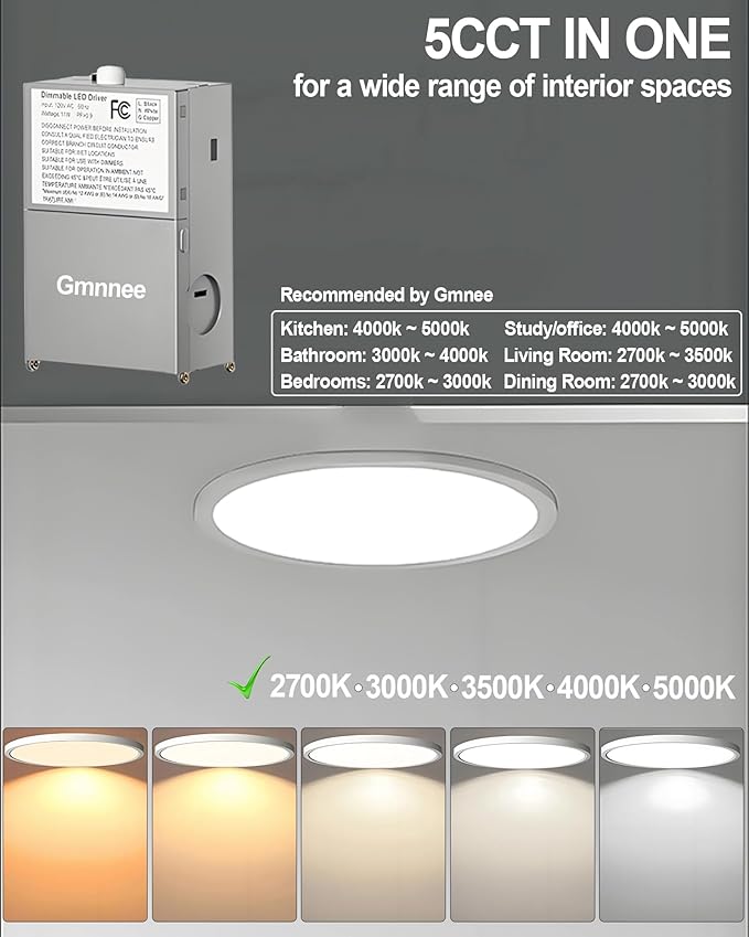 6 Inch Recessed Ceiling Light, Dimmable, 1050LM, 2700K-5000K 5CCT, Ultra-Thin, 1 Pack LED Recessed Lighting for Kitchen, Bedroom and Living Room