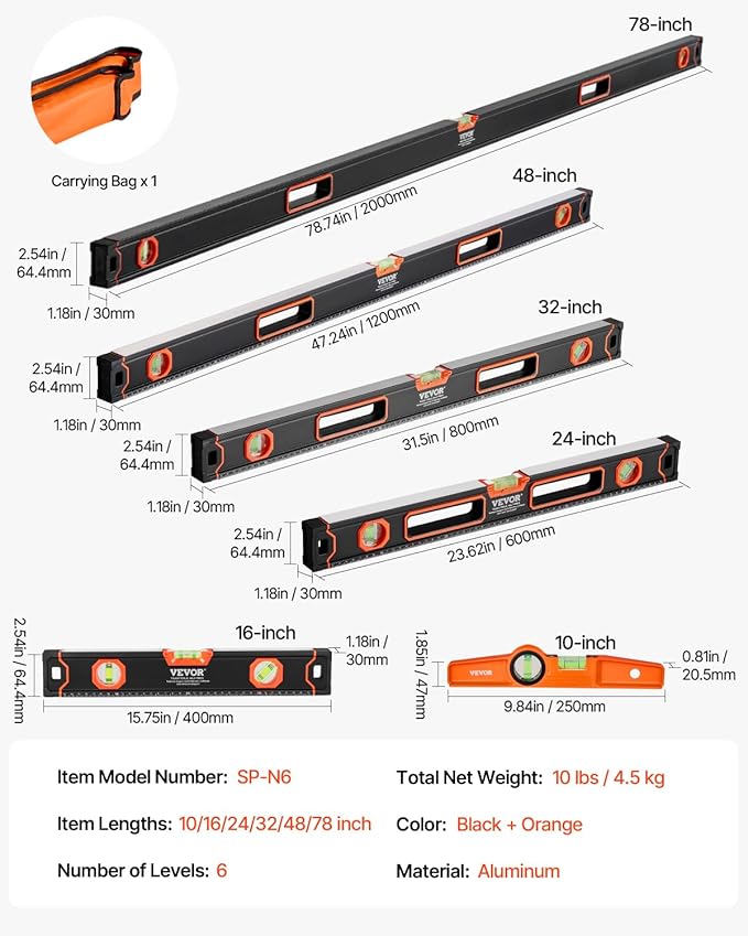 VEVOR 6-Piece Torpedo Level, 78/48/32/24/16/10 Inch Box Levels Set, Bubble Vials Ruler for 45/90/180 Degree, Shock-Proof Aluminum Alloy Magnetic Leveler Tool, SAE/Metric Scale(Only 10-inch has magnet)