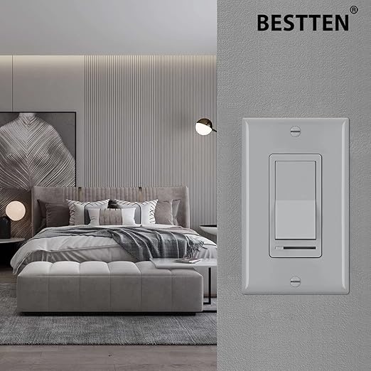 BESTTEN 10 Pack Dimmer Wall Light Switch, Compatible with Dimmable LED, CFL, Incandescent and Halogen Bulb, Single Pole or 3-Way Dimmer Switches, 120VAC, Decorator Wallplate Included, Gray