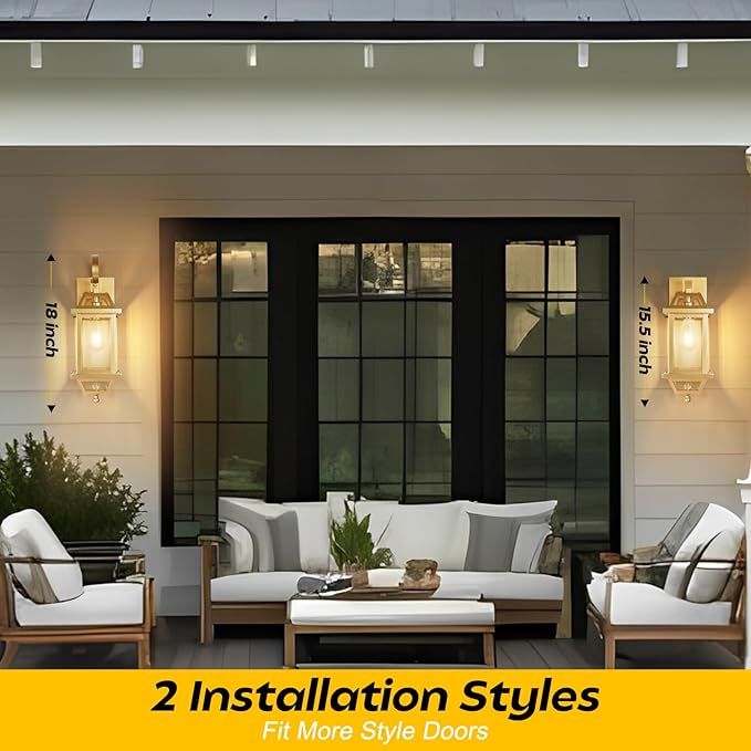 Gold Porch Light 2-Pack, Rustic Outdoor Wall Sconces with Clear Glass, 18' Enclosed Bottom Aluminum Exterior Wall Sconces for Exterior House ETL Listed
