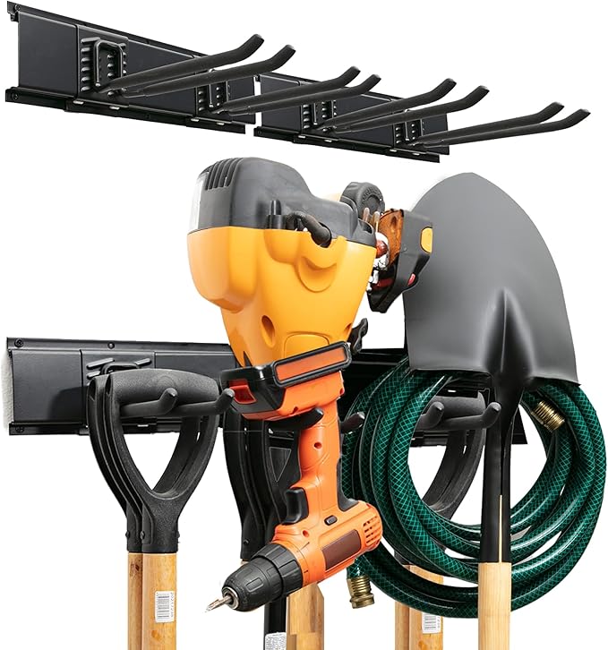 TIDYME Garage Tool Organizer Wall Mount - 32 inches - Sturdy Storage Rack with Adjustable Hooks, Anti-Rust - Easy Installation, 200lbs Capacity - Garden Tool Organizer (02 Racks & 04 Hooks)