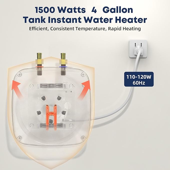 YALICE Electric Tank Water Heater, 4 Gallons Under Sink Instant Hot Water Heaters, 1500W, 110-120V, Electric Mini Tank Water Heater Compact Design for RV, Kitchen, Food Truck, Wall or Floor Mounted