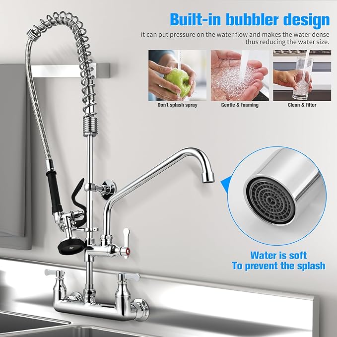 Commercial Sink Faucet with Sprayer 36" Height 8" Adjustable Center, Commercial Wall Mount Kitchen Sink Faucet with Pre-Rinse Sprayer and 12" Swing Spout for Restaurant Industrial
