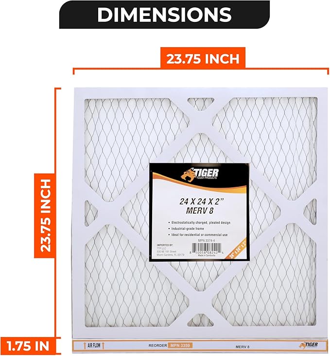 Tiger Tough 24x24x2 MERV 8 MPR 600-800 Air Filter, High-Performance AC Furnace & HVAC Filter, 8-Pack