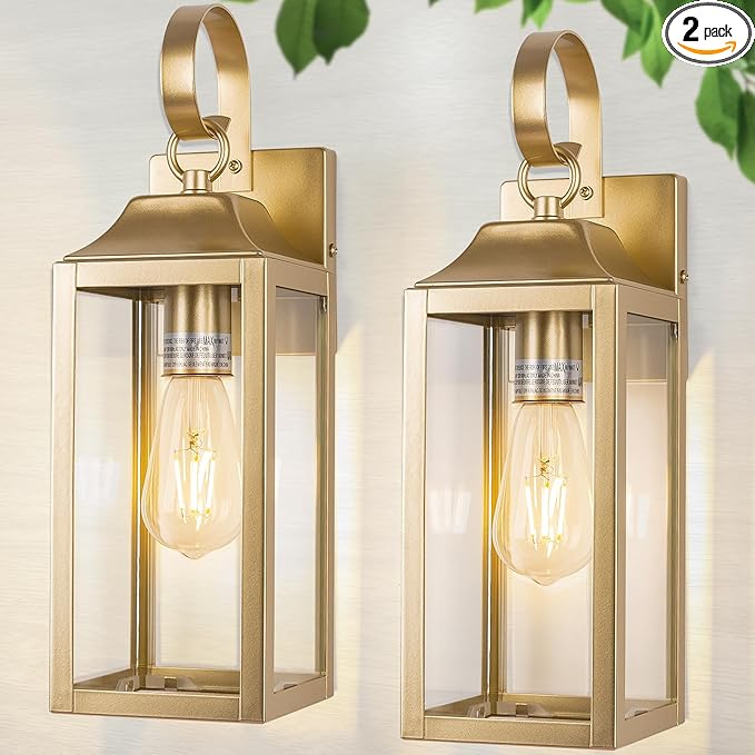 2 Pack Outdoor Light Fixtures Wall Mount, 15 Inch Gold Exterior Wall Sconces Waterproof, Large Outside Lights for House, Modern Wall Lanterns Clear Glass