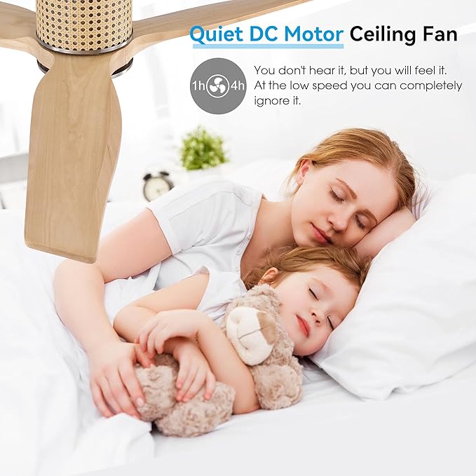 48" Ceiling Fan No Light - Low Profile Flush Mount Ceiling Fan, 6-Speed Remote Control, Solid Wood, Quiet Reversible DC Motor, Wood/Silver Finish, for Bedroom, Living Room, Porch