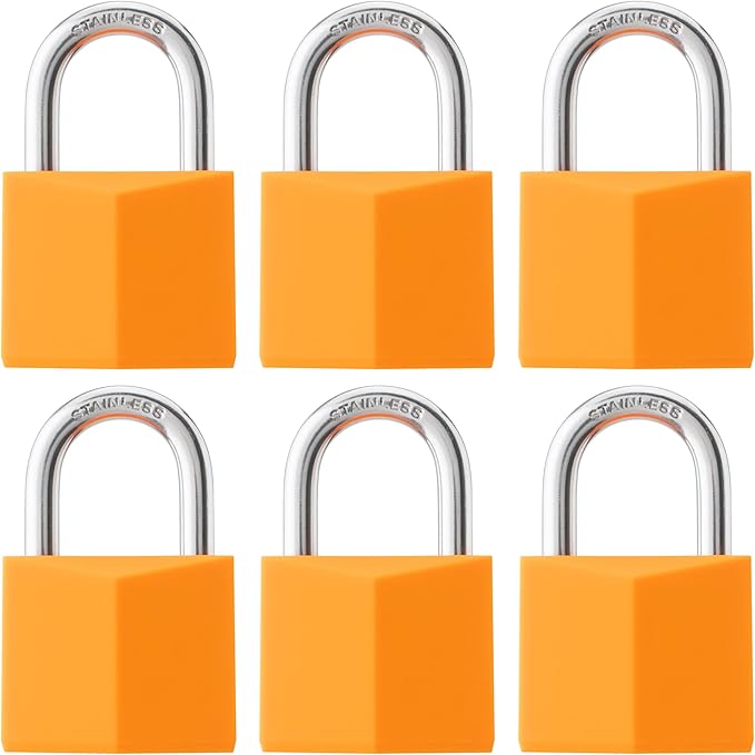 6-Pack Keyed Alike Locks, Orange Covered Brass Keyed Padlock with Stainless Steel Shackle, 1-9/16 Inch Lock Body, Rustproof Locks for Luggage Gate Fence Hasp Cabinet Toolbox Gym School Locker