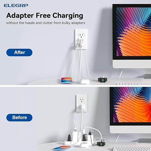 ELEGRP USB Outlets Receptacles, 3-Port Wall Outlet, 30W 6.0A Electrical Outlet, 15 Amp Tamper-Resistant Outlet with Type C Ports, UL Listed, Wall Plate Included, 1 Pack, Matte White