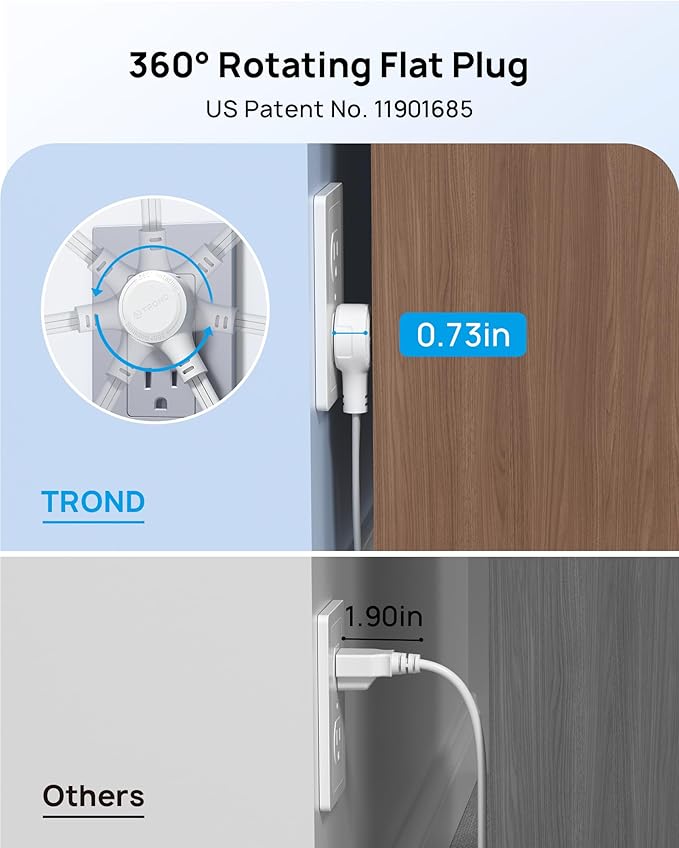 TROND 360° Rotating Flat Plug Outlet Extender Surge Protector with 6 Inch Cable, Small Rotatable Extension Cord, 900 Joules, 3 Way Plug, 15A, Compact for Indoor Home Office Travel Dorm Room, White