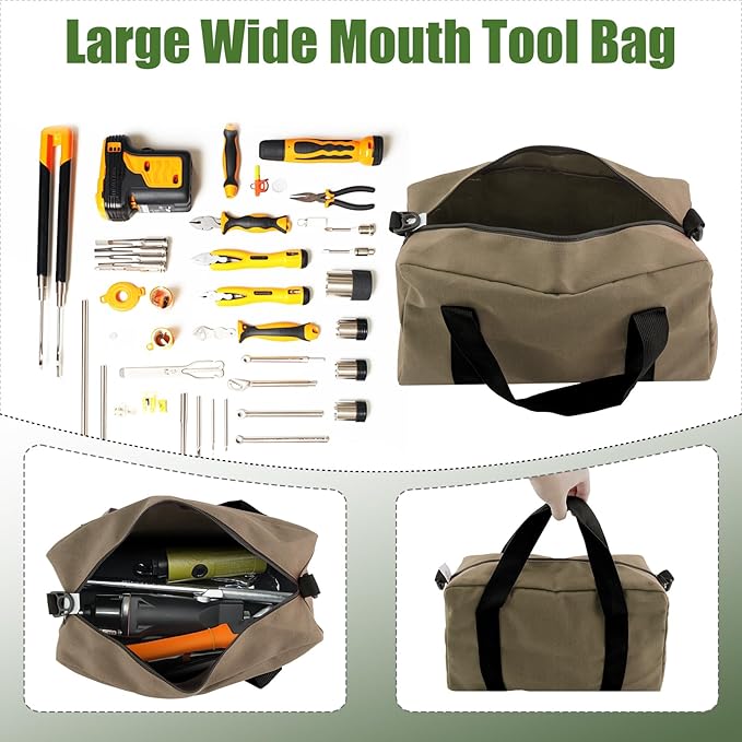 Small Tool Bag,Close Top Wide Mouth Tool Organizer Bag,Large Capacity Tool Bags for Men,Canvas Tool Storage Bag for Storage Handbag for Screwdrivers,Wrench,Pliers Hand Tools (Khaki, 20 Inch)