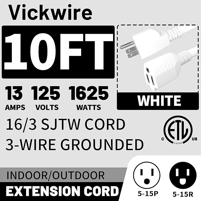 16/3 White Indoor Outdoor Extension Cord 10 Ft 2 Pack Waterproof, Heavy Duty Extension Cord with 3 Prong Grounded Plug,13A 1625W 16AWG SJTW, Flexible Weatherproof Power Cable