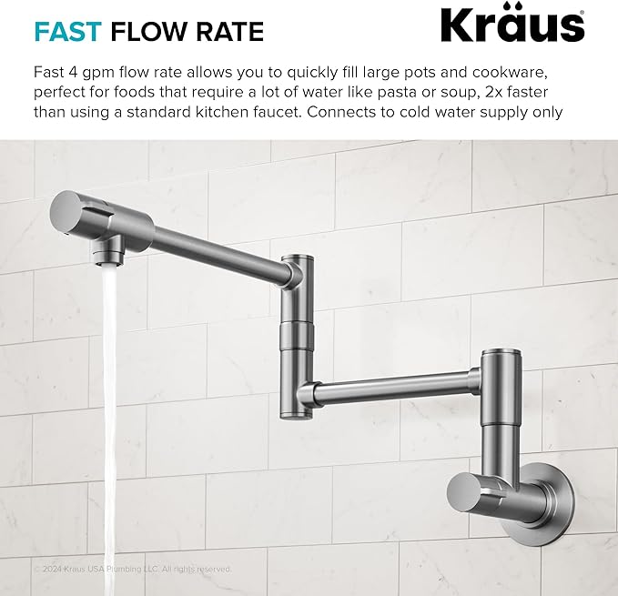 KRAUS Bolden 2 Handle Pot Filler Faucet with Retractable Arm, Wall Mount Kitchen Faucet, Pot Filler for Over Stove in Spot-Free Stainless Steel, KPF-5003SFS