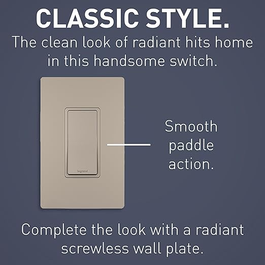 Legrand radiant TM873NICC10 15 Amp Rocker Wall Switch, 3-Way Decorator Light Switches, Nickel (1 Count)